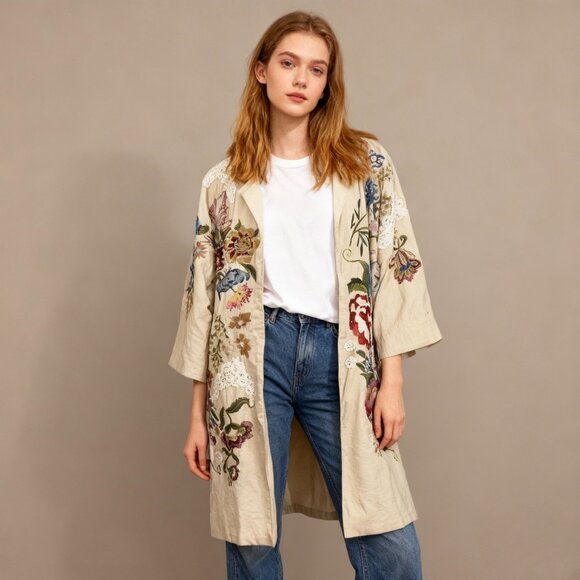 NWOT Johnny Was Bamboo KIMONO Embroidered Beaded sequins Floral Coat Jacket Sz S - Picture 1 of 16